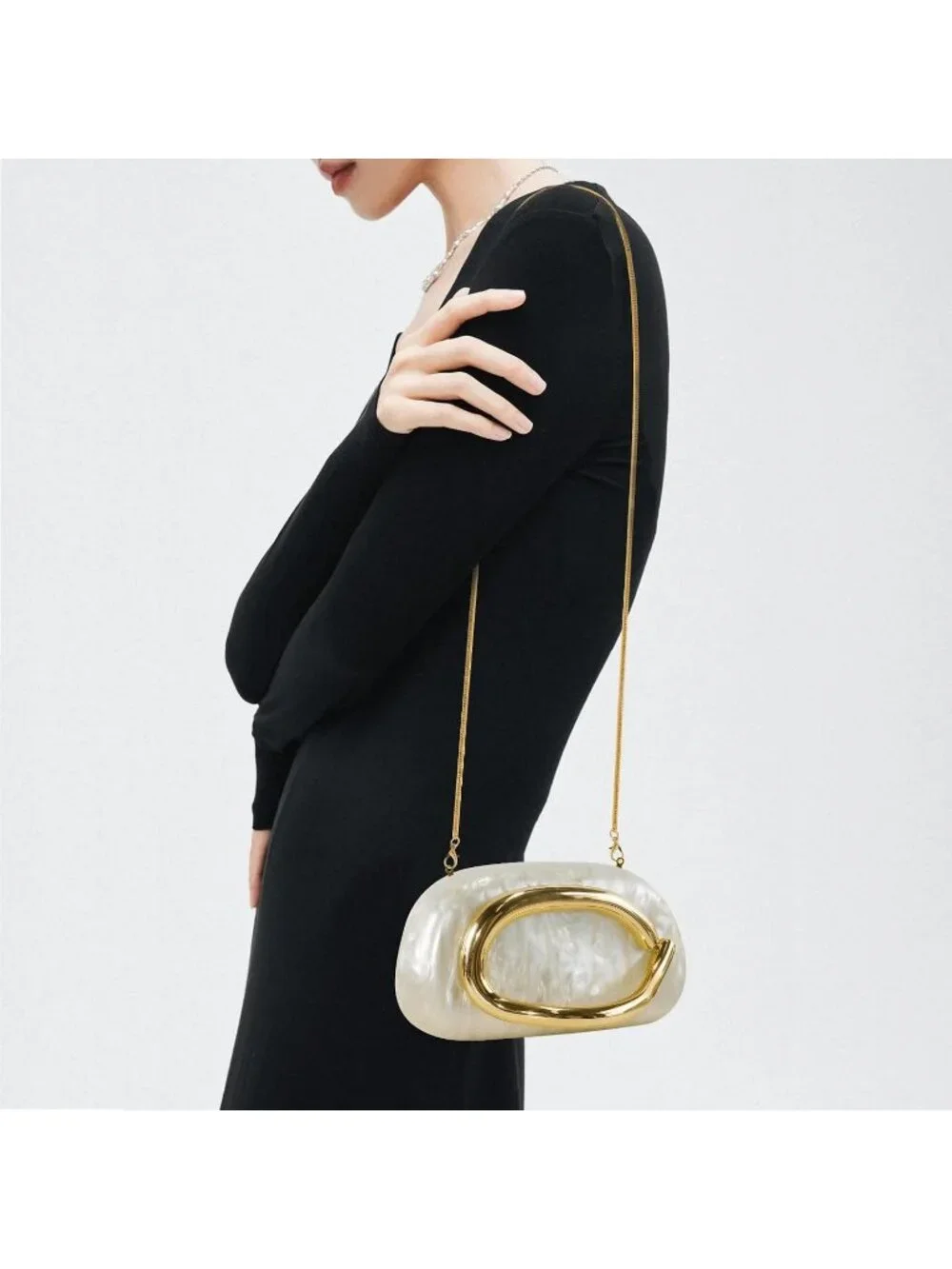 Women’s Marble White Acrylic Shell Clutch Purse Gold Chain Evening Handbag